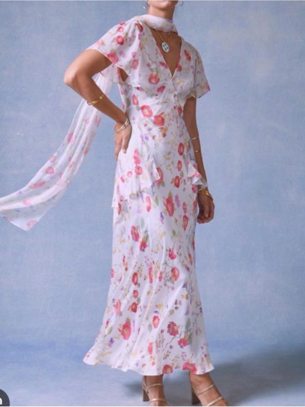 RIXO White Maxi Dress with Pink Floral Print